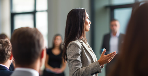 business presentation with woman speaking to audience engaged in discussion and learning about effective communication strategies 4 ideas for improvement