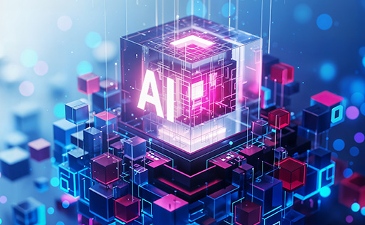 3D representation of AI technology with floating transparent cubes in blue and pink hues suggesting advanced computation and data processing