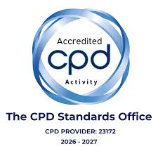 Logo of The CPD Standards Office featuring a circular design with the text Accredited CPD Activity and the CPD provider number 23172 with the years 2026 and 2027 indicating certification and accredited professional development